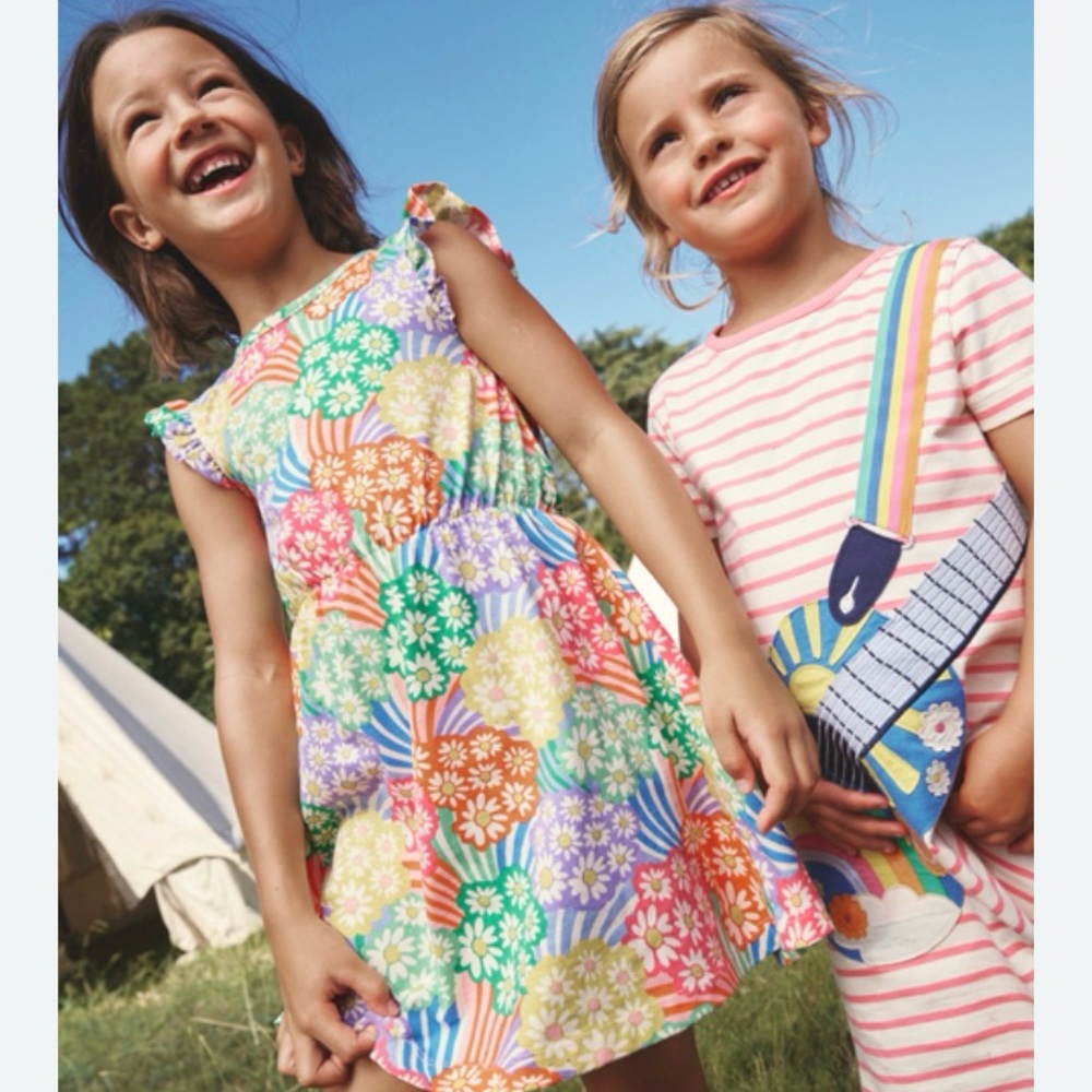 Mini Boden Frill Sleeve Jersey Dress - Multiple Rainbow Daisies 5-6Y